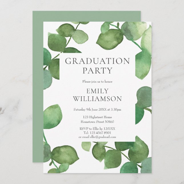 Watercolor Greenery Eucalyptus Graduation Party  Invitation (Front/Back)