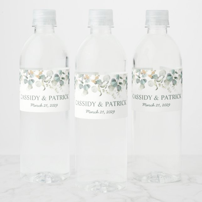 Watercolor greenery, eucalyptus leaves Wedding Water Bottle Label (Bottles)