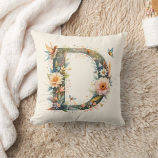 Watercolor Greenery Fairies Monogram Letter D Cushion