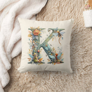 Watercolor Greenery Fairies Monogram Letter K Cushion