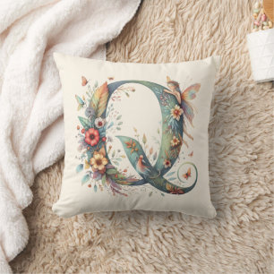 Watercolor Greenery Fairies Monogram Letter Q Cushion