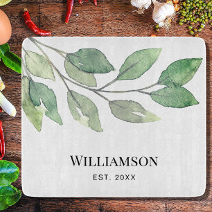 Watercolor Greenery Family Name  Cutting Board
