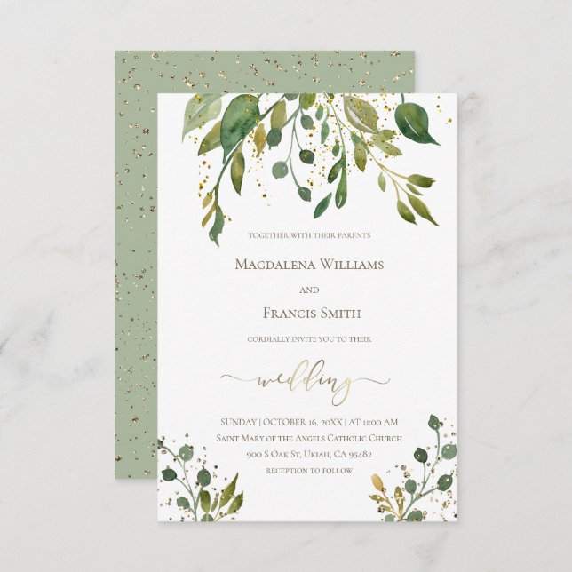 watercolor greenery faux gold details wedding invitation (Front/Back)