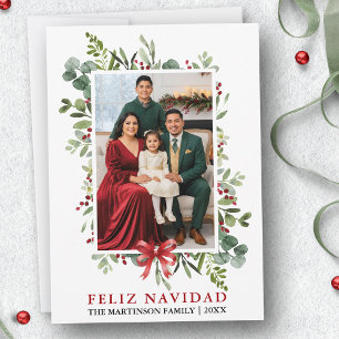 Watercolor Greenery Feliz Navidad Red Bow Holiday Card