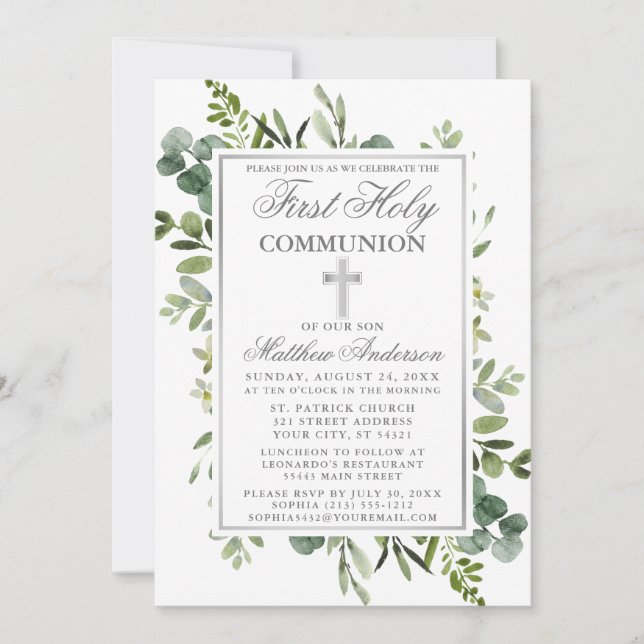 Watercolor Greenery First Communion Silver Invitation (Front)
