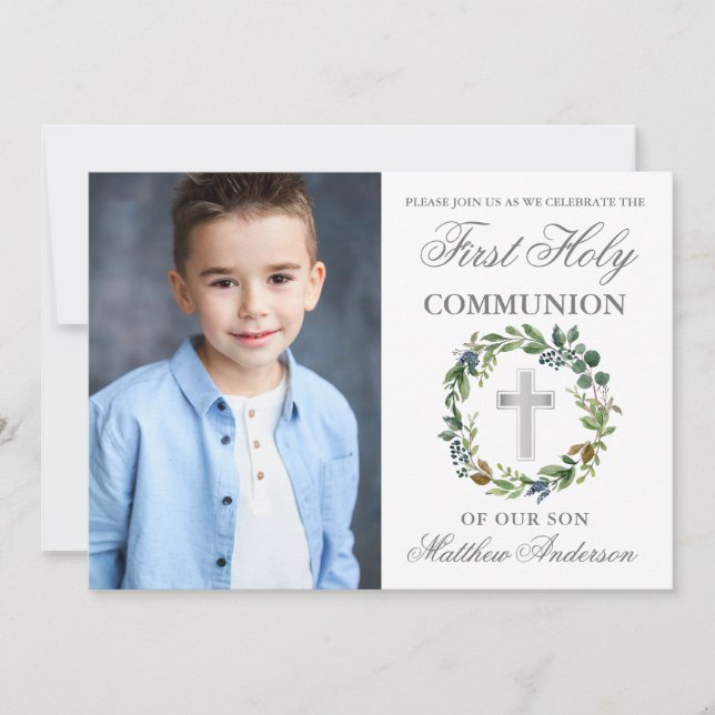 Watercolor Greenery First Communion Silver Photo Invitation (Front)
