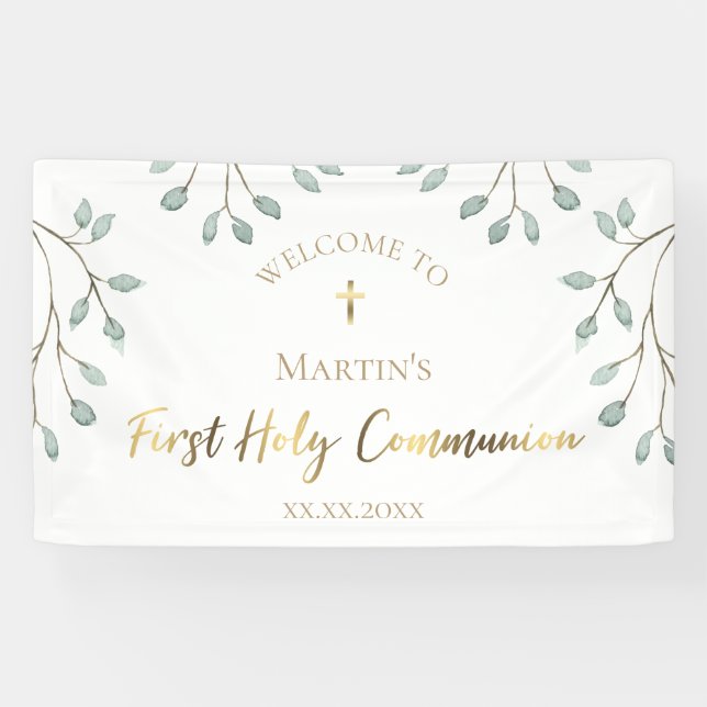 watercolor greenery | First Holy Communion  Banner (Horizontal)