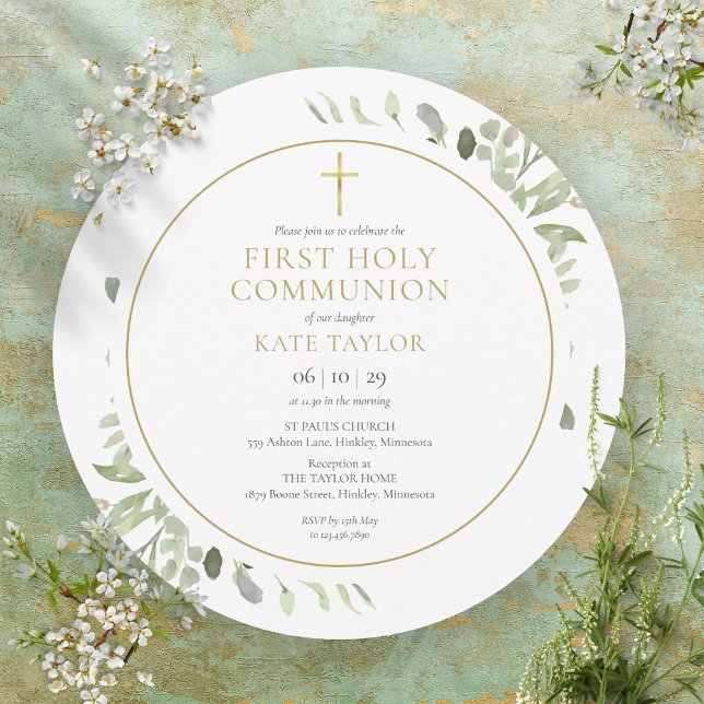 Watercolor Greenery First Holy Communion Circular Invitation (Creator Uploaded)