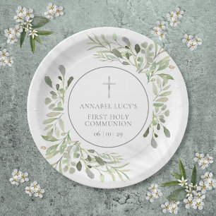 Watercolor Greenery First Holy Communion Paper Plate