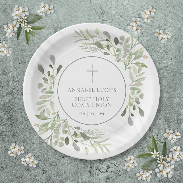 Watercolor Greenery First Holy Communion Paper Plate (Watercolor Greenery First Holy Communion Paper Plates)