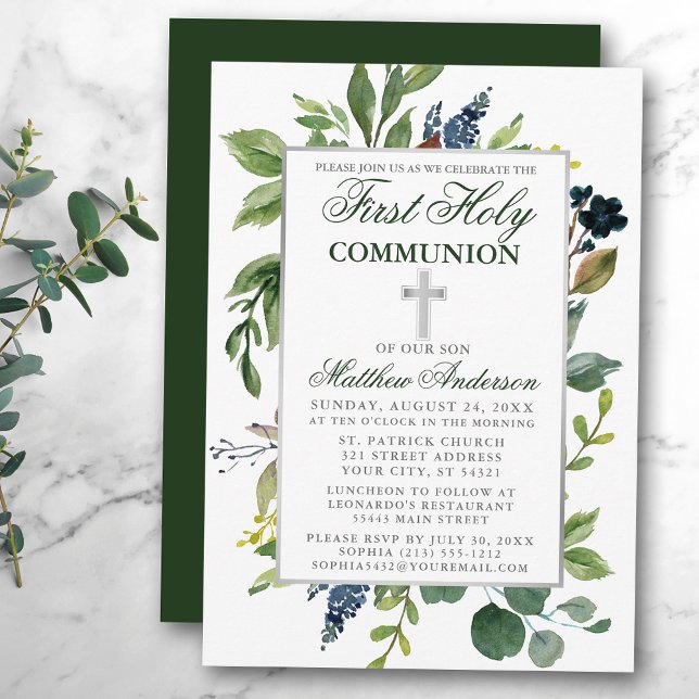 Watercolor Greenery First Holy Communion Silver Invitation (Customize to change text color,  size, style or to change color of back of card.)