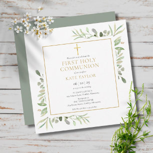 Watercolor Greenery First Holy Communion Square Invitation