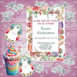 Watercolor Greenery Floral Bunny Easter Eggs Frame Invitation