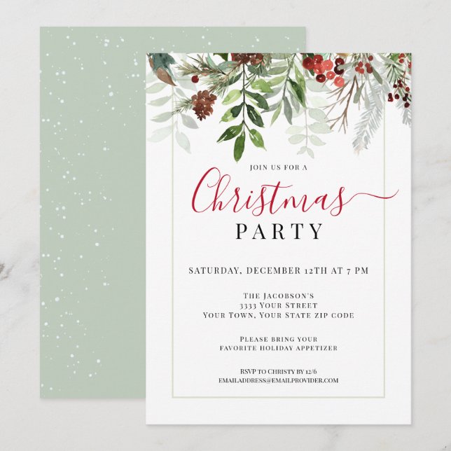 Watercolor Greenery Floral Christmas Party Invitation (Front/Back)