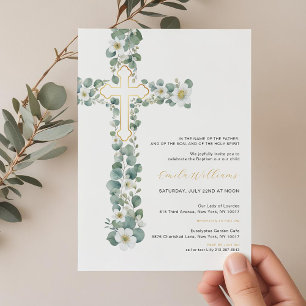 Watercolor Greenery Floral Cross Baptism  Invitation