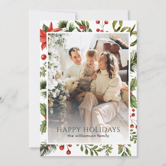 Watercolor Greenery Floral Family Photo Christmas Holiday Card (Front)