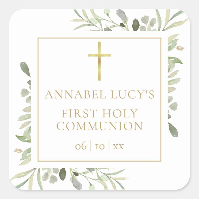 Watercolor Greenery Floral First Holy Communion Square Sticker (Front)