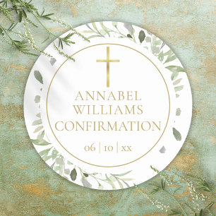 Watercolor Greenery Floral Gold Confirmation Classic Round Sticker