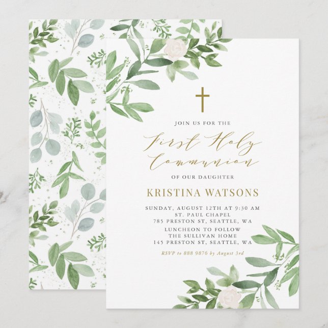 Watercolor Greenery Floral Gold First Communion Invitation (Front/Back)