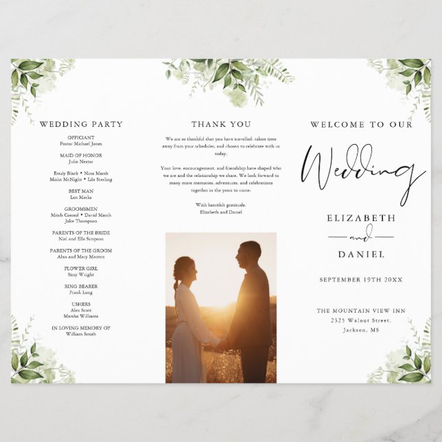 Watercolor Greenery Floral Trifold Wedding Program Flyer (Front)