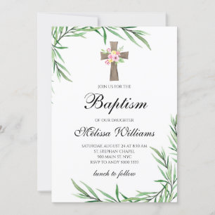 Watercolor Greenery Flowers Girl Baptism Invitation