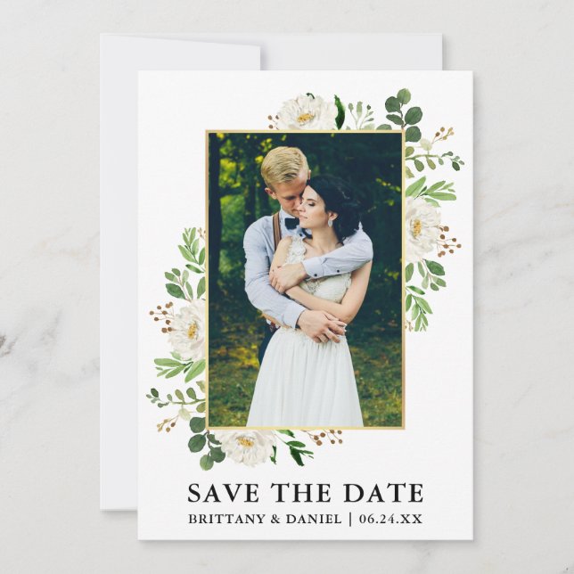 Watercolor Greenery Flowers Save The Date Card (Front)