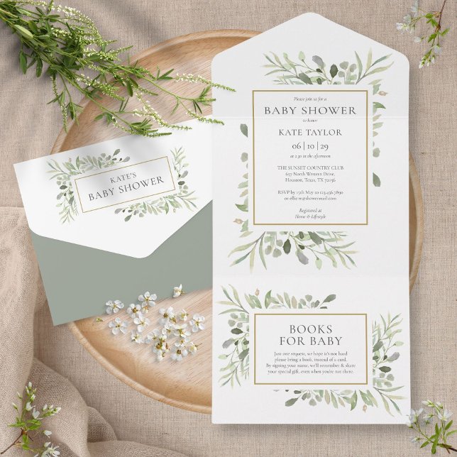 Watercolor Greenery Foliage Baby Shower All In One Invitation (Creator Uploaded)