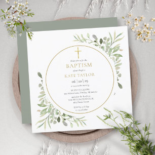 Watercolor Greenery Foliage Baptism Christening Invitation