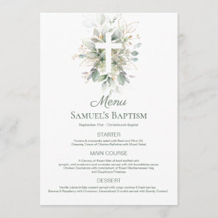Watercolor Greenery Foliage Cross Baptism Menu