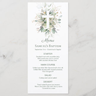 Watercolor Greenery Foliage Cross Baptism Menu