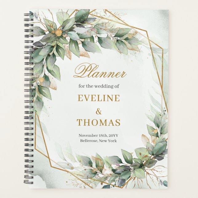 Watercolor greenery foliage gold glitter wedding planner (Front)