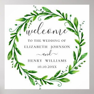 Watercolor greenery foliage. Green wedding welcome Poster