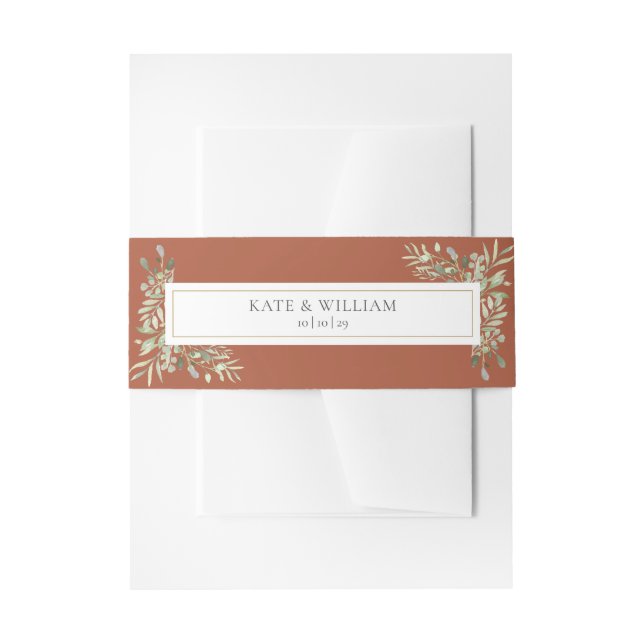 Watercolor Greenery Foliage Terracotta Wedding Invitation Belly Band (Front Example)