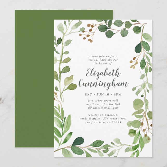 Watercolor Greenery Foliage Virtual Baby Shower Invitation (Front/Back)