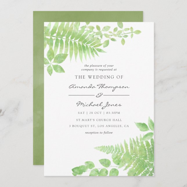 Watercolor Greenery Foliage Wedding Invitation (Front/Back)