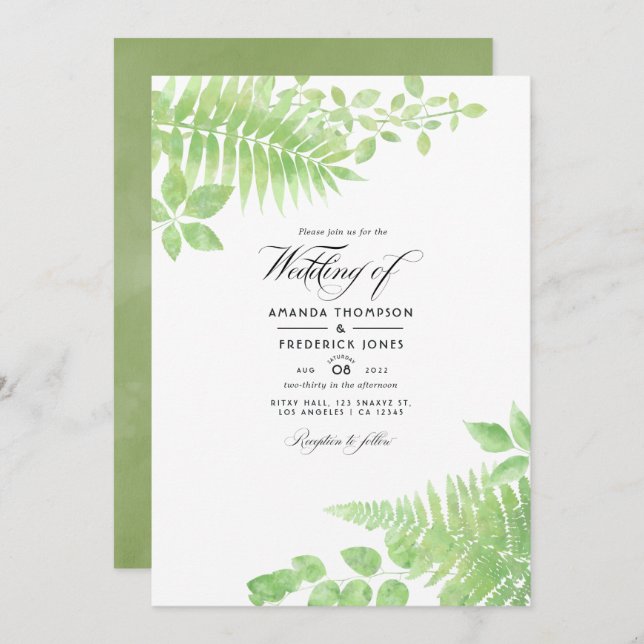 Watercolor Greenery Foliage Wedding Invitation (Front/Back)