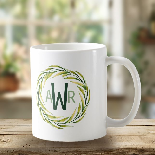 Watercolor Greenery Frame Monogram ID667 Coffee Mug (Creator Uploaded)