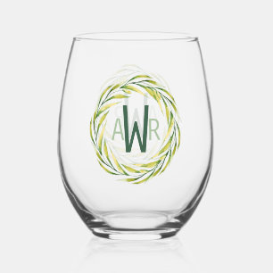Watercolor Greenery Frame Monogram ID667 Stemless Wine Glass