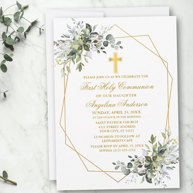 Watercolor Greenery Geo Frame Gold Communion Invitation (Customize to change text color, size, style or to add photos or more text to back of card.)
