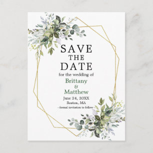 Watercolor Greenery Geo Frame Green Save The Date Postcard