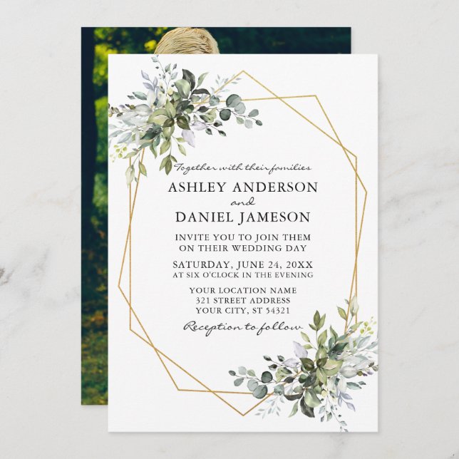 Watercolor Greenery Geo Frame Wedding Photo Back Invitation (Front/Back)