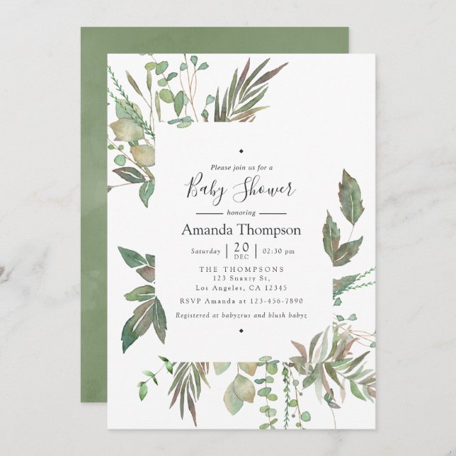 Watercolor Greenery Geometric Baby Shower Invitation (Front/Back)