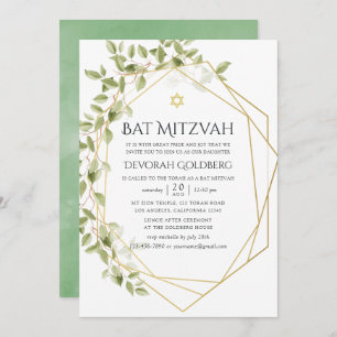Watercolor Greenery Geometric Bat Mitzvah Invitation