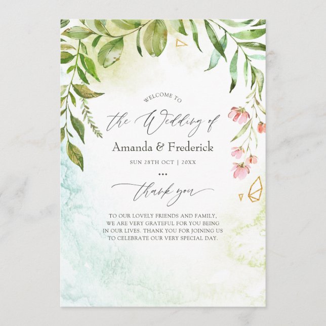 Watercolor Greenery Geometric Crystal Wedding Program (Front)