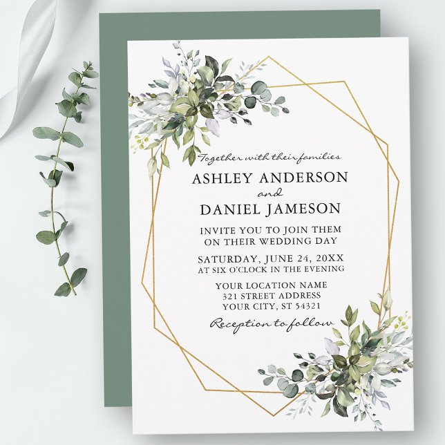 Watercolor Greenery Geometric Sage Green Wedding Invitation (Customize to change text color, style, add text & photos to back or change color of back of card.)