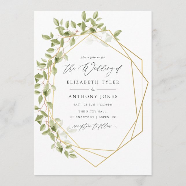 Watercolor Greenery Geometric Wedding Invitation (Front)