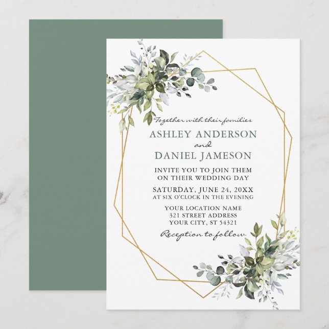 Watercolor Greenery Geometric Wedding Sage Green Invitation (Front/Back)