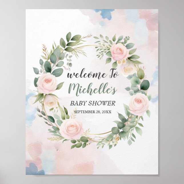 Watercolor Greenery girl baby shower welcome sign (Front)