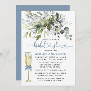 Watercolor Greenery Glass Dusty Blue Heart Shower Invitation
