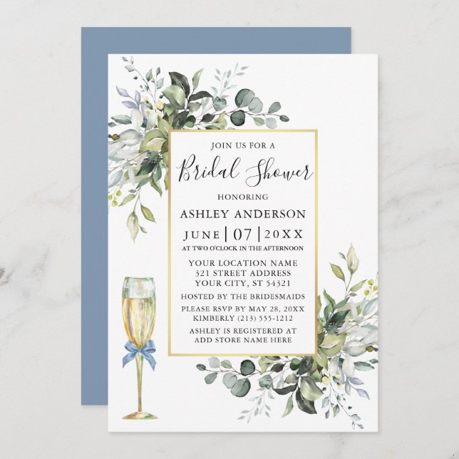  Watercolor Greenery Glass Dusty Blue Shower Invitation (Front/Back)